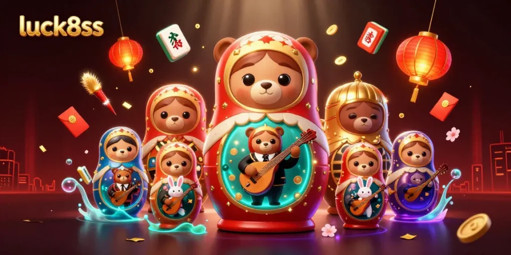 Experience luck8ss in a vibrant 3D illustration showcasing unique casino-themed characters and festive elements.