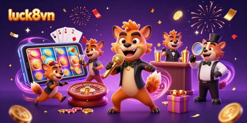 Hyenas perform at a comedy casino club, celebrating with gaming elements, promoting luck8vn excitement.
