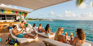 Punta Cana yacht rental experience with clients enjoying cocktails on a luxurious yacht deck under sunny skies.