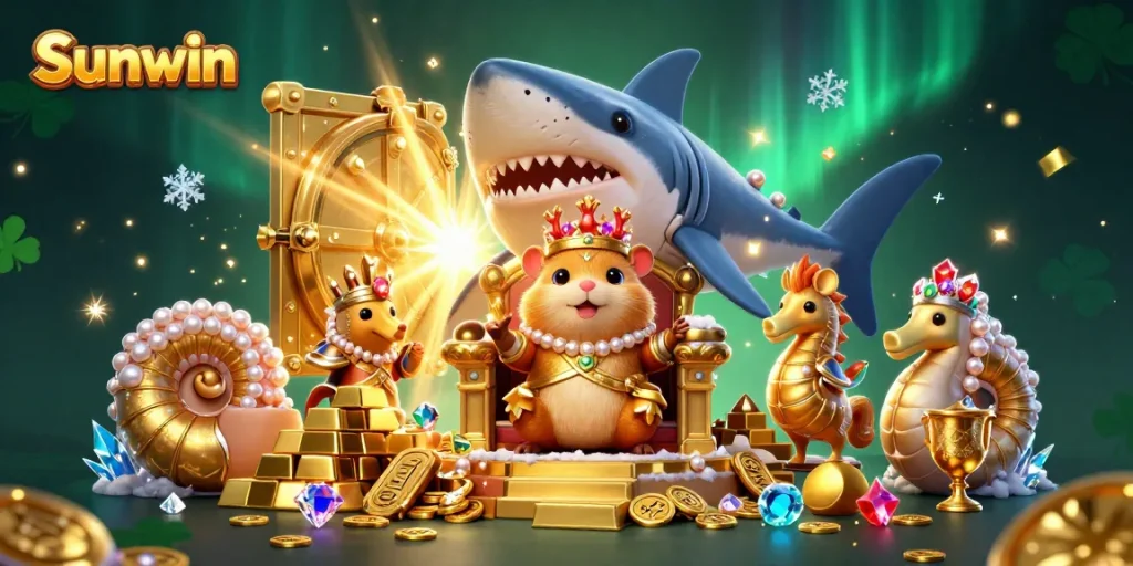 Sunwin offers an exciting casino throne scene featuring the golden hamster king surrounded by oceanic treasures.