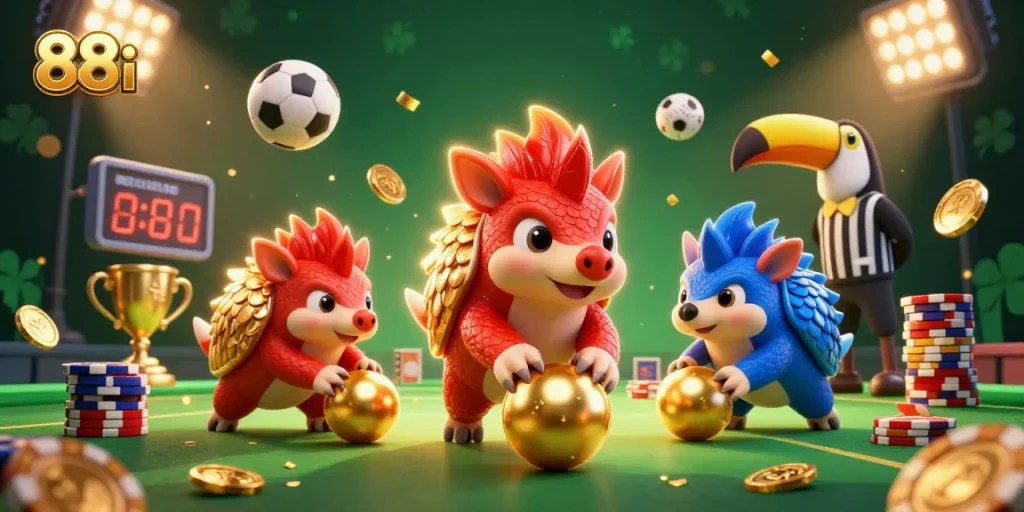 Watch 88i pangolins in armor bowl golden balls through poker chips, embodying exciting casino action.