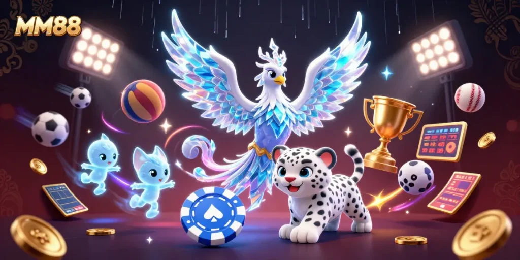 Engage with MM88 sports betting through this colorful scene featuring a phoenix and poker chip.