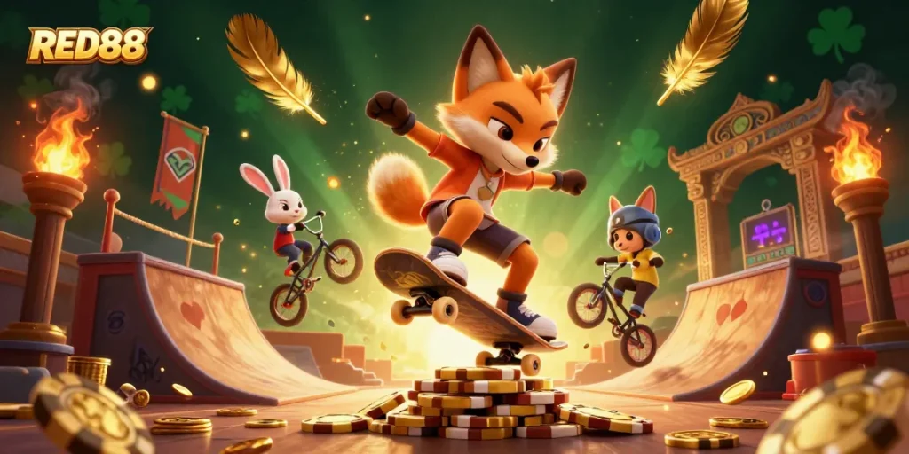 Engage with RED88's thrilling casino atmosphere featuring a skateboarder fox and BMX rabbit in a vibrant scene.