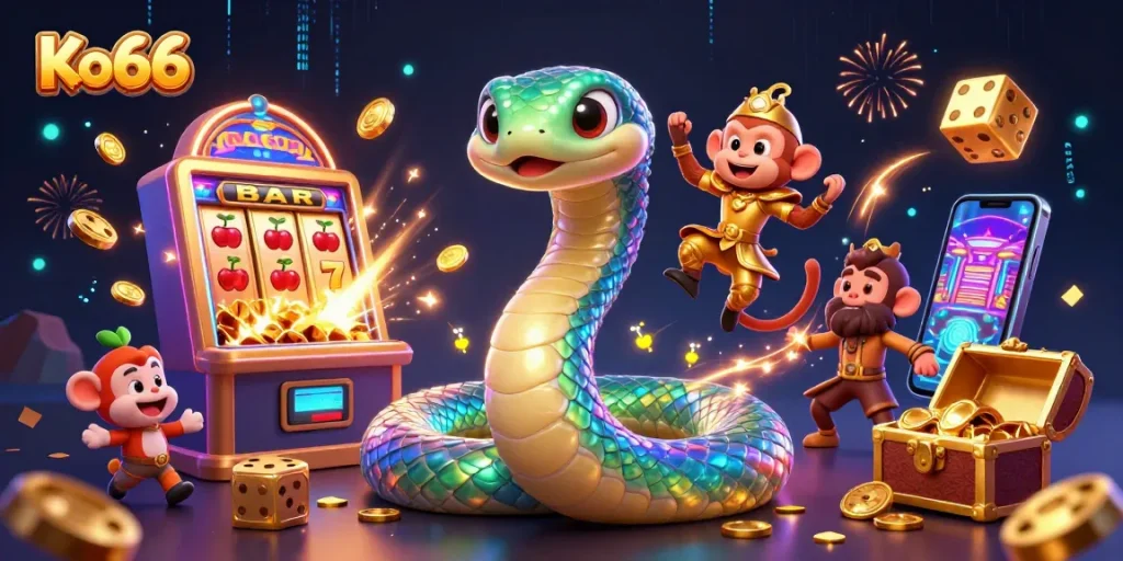 Join Ko66's vibrant gaming adventure with a rainbow serpent, monkey king, and jackpot excitement!