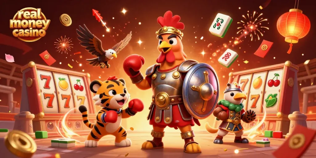 Experience the excitement of a real money casino with a 3D gladiator rooster and vibrant game elements.