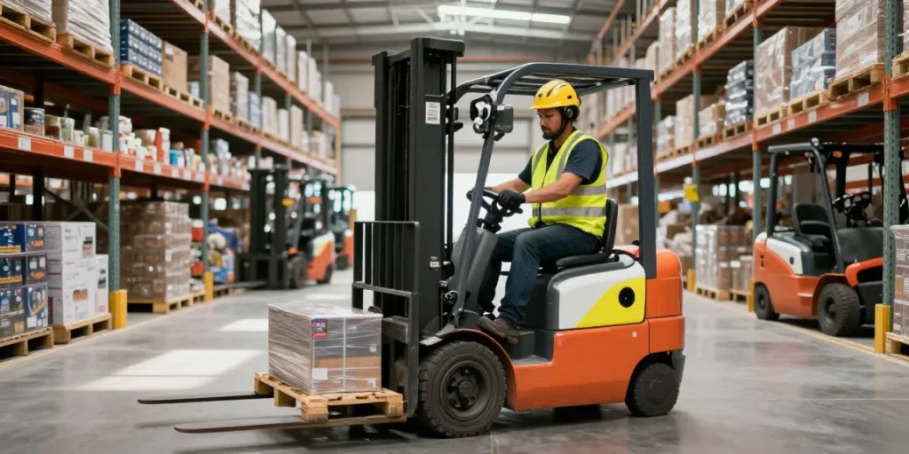 The best electric stacker in Texas operating in an industrial warehouse environment, showcasing efficient lifting and maneuvering with skilled operators and modern technology.