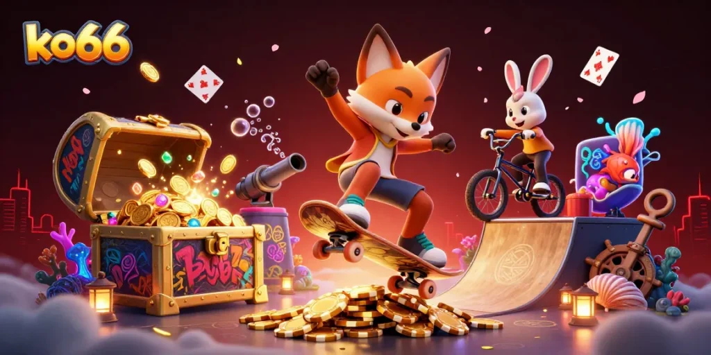 Experience thrilling gaming action at ko66 with a dynamic scene of a fox and rabbit, celebrating casino excitement.