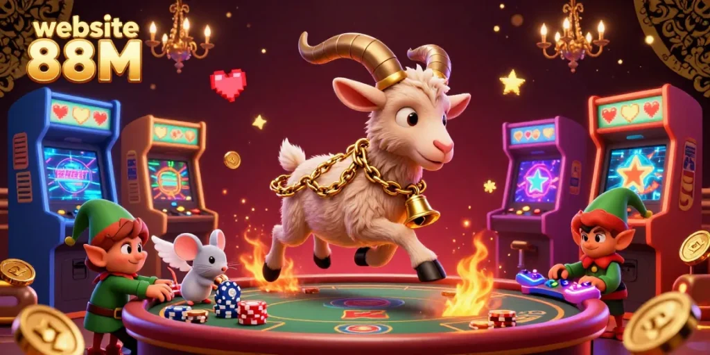 Experience the excitement of the website 88M with festive casino elements and playful characters.