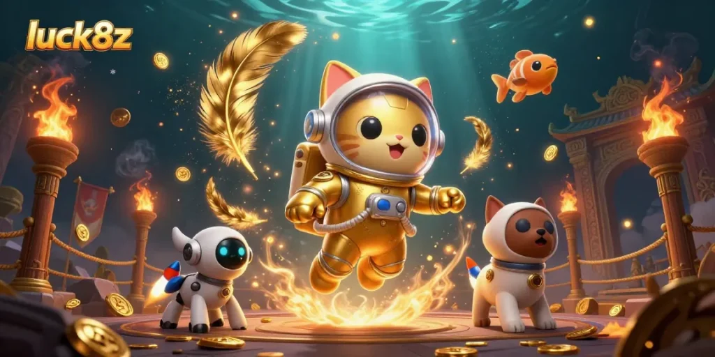 Win big at luck8z with a vibrant 3D cat and robot dog in a thrilling betting scene.