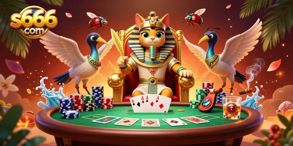 Engage with thrilling casino action at S666 com featuring vibrant 3D characters, poker elements, and dynamic game atmosphere.