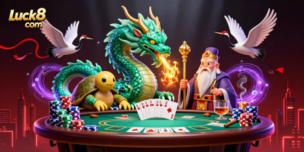 Engage with the Luck8 com experience featuring a dynamic 3D illustration of a jade dragon, turtle sage, and lucky cranes around a poker table.
