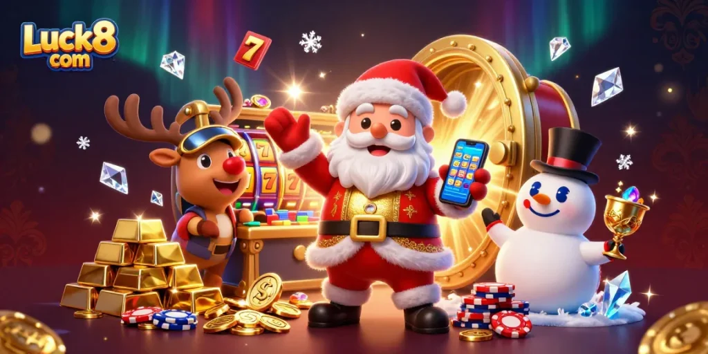Experience thrilling jackpots and vibrant casino excitement with Luck8 com's 3D festive scene.