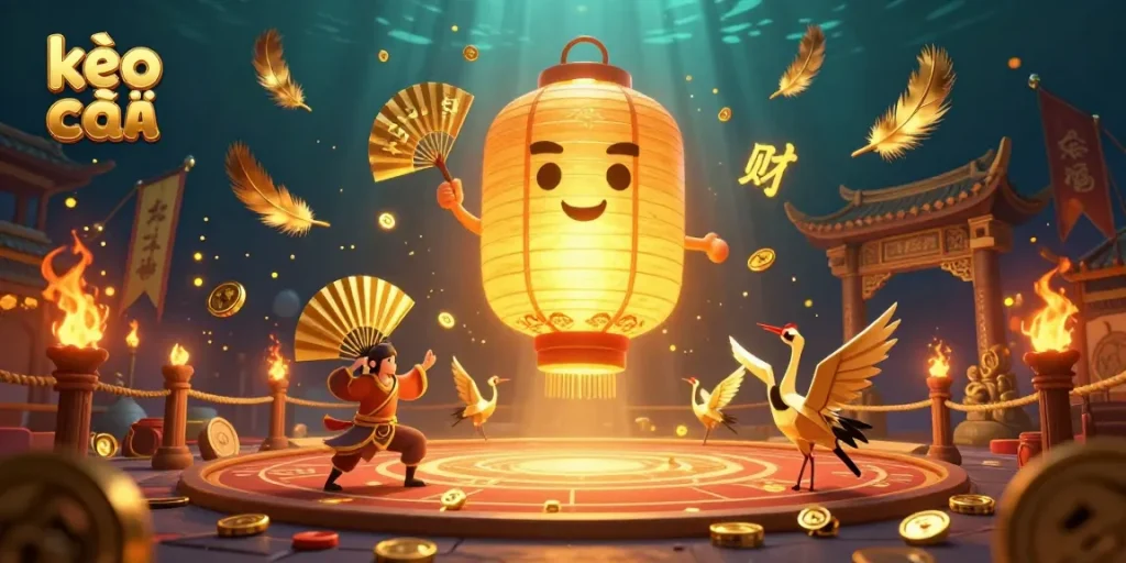 Engage with kèo nhà cái in a vibrant 3D casino scene filled with lucky symbols and dynamic elements.