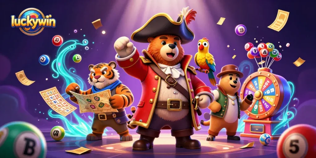 Experience the excitement of luckywin with colorful elements and characters in an engaging casino scene.